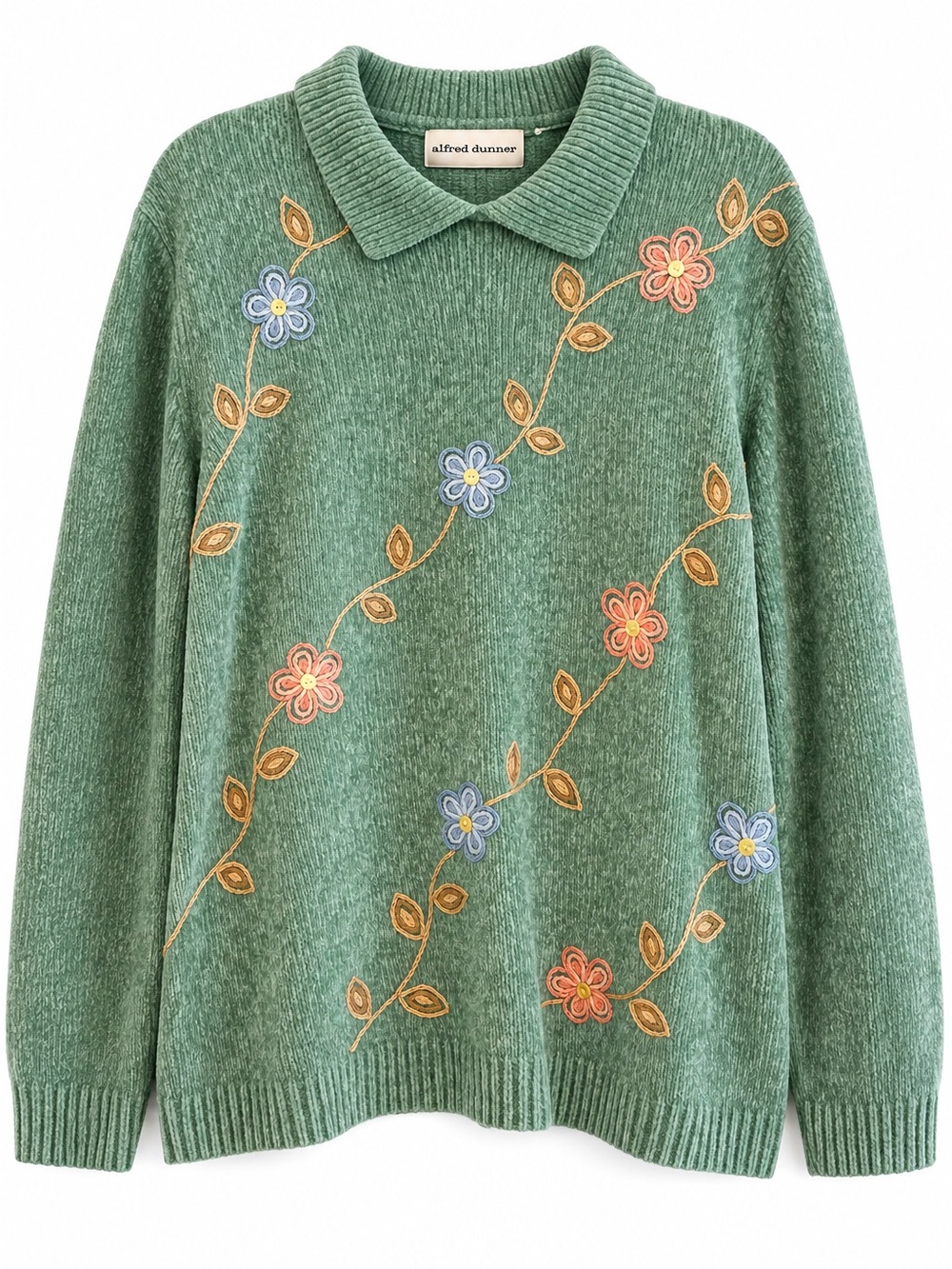 Alfred Dunner Vintage Women's 1X Sage Green Chenille Sweater Embroidered Floral